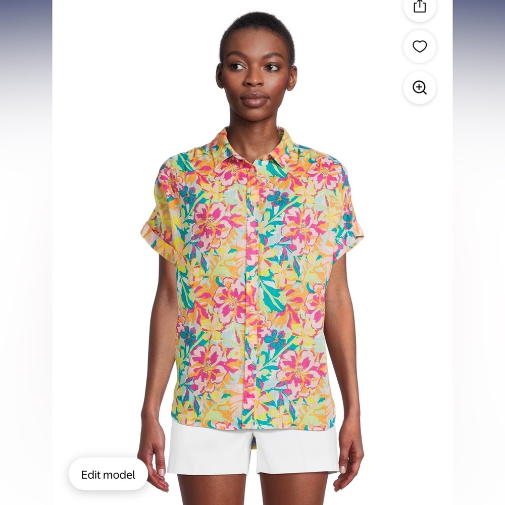 Time and Tru Floral Button Down Shirt - Yellow and Pink